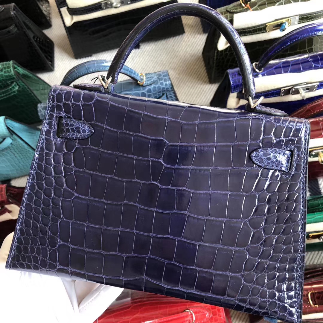 Stock Discount Hermes M3 Blue Encre Shiny Crocodile Minikelly-2 Bag Silver Hardware