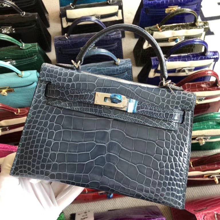 Hermes Shiny Crocodile Minikelly-2 Evening Bag in 7N Blue Tempete Silver Hardware