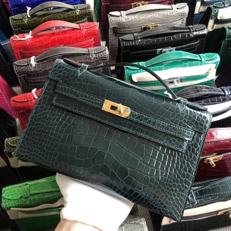 Hermes Shiny Crocodile Minikelly Clutch Bag in 1P Blue Colvert Gold Hardware