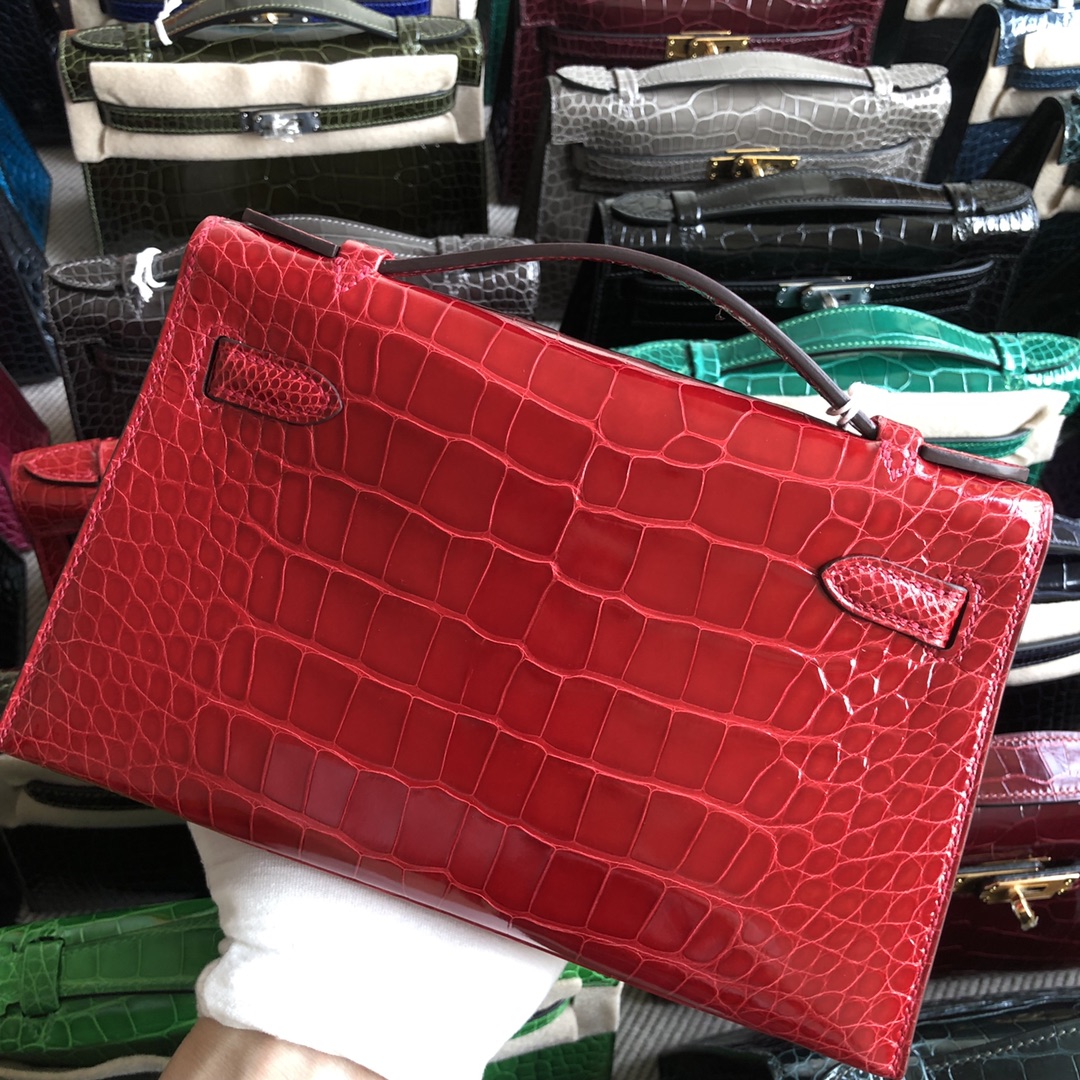 Stock Hermes Alligator Crocodile Minikelly Pochette 22CM in CK95 Braise Silver Hardware