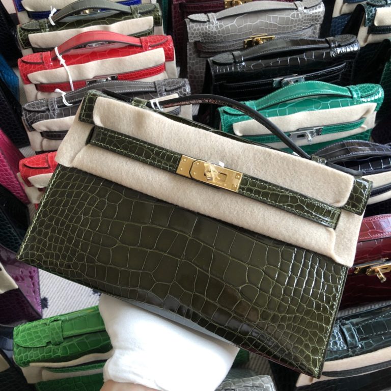 Hermes Shiny Crocodile Minikelly 22CM in 6H Olive Green Gold/Silver Hardware