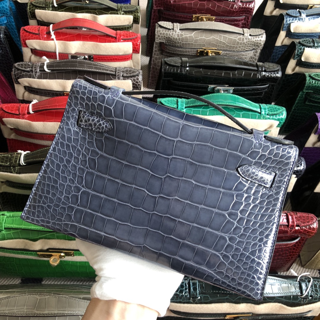 Stock Hermes 7N Blue Tampete Shiny Crocodile Minikelly Clutch Bag22CM Gold Hardware