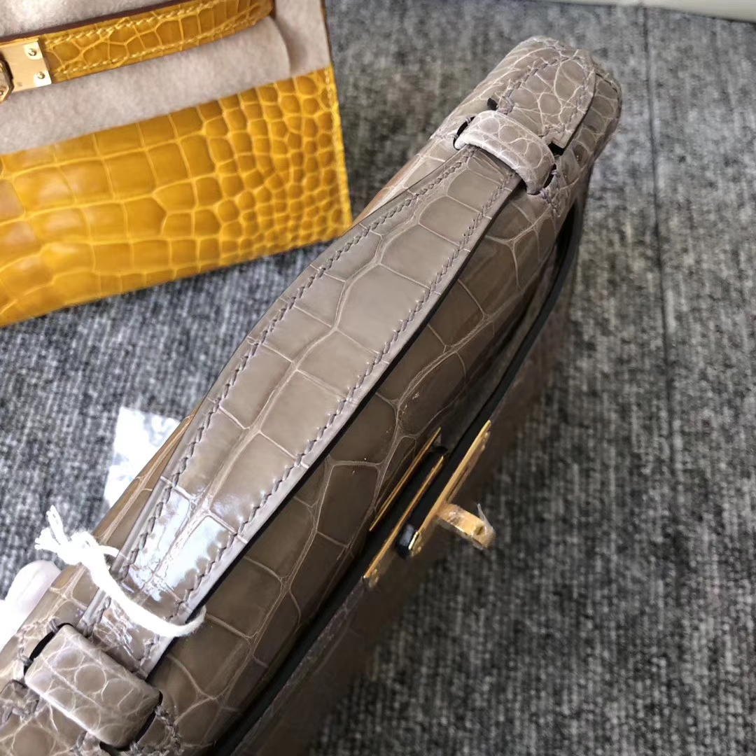 Fashion Hermes CK81 Gris T Shiny Crocodile Minikelly22CM Clutch Bag Gold Hardware