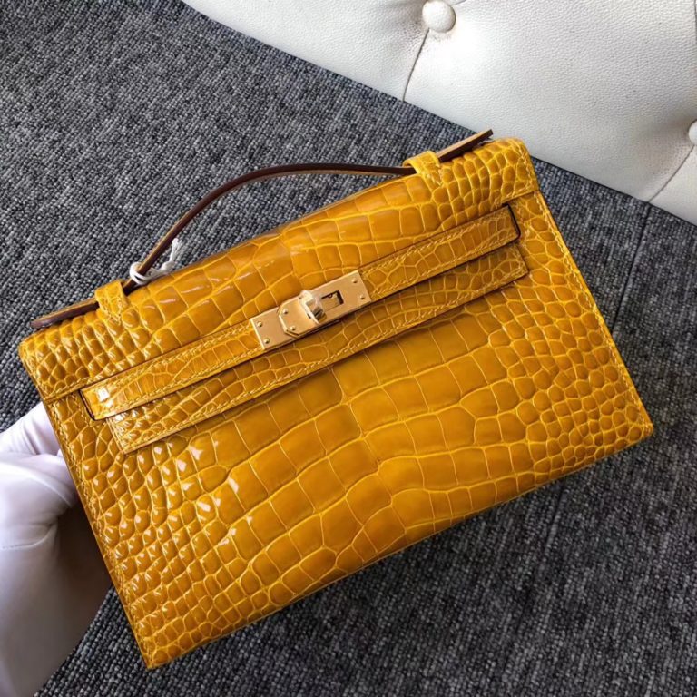 Hermes Alligator Crocodile Minikelly 22CM Evening Bag in  9D Ambre Yellow Gold Hardware