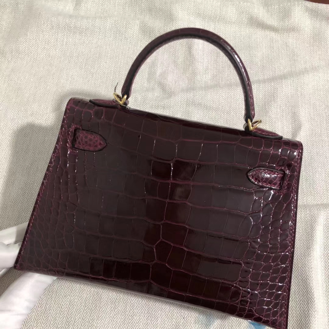 Elegant Hermes CK57 Bordeaux Shiny Crocodile Minikelly-2 Clutch Bag Gold Hardware