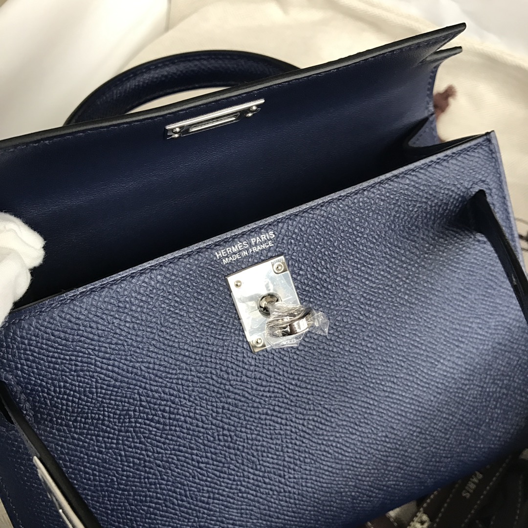 Stock Hermes 73 Blue Saphir Epsom Calf Minikelly-2 Evening Bag Silver Hardware