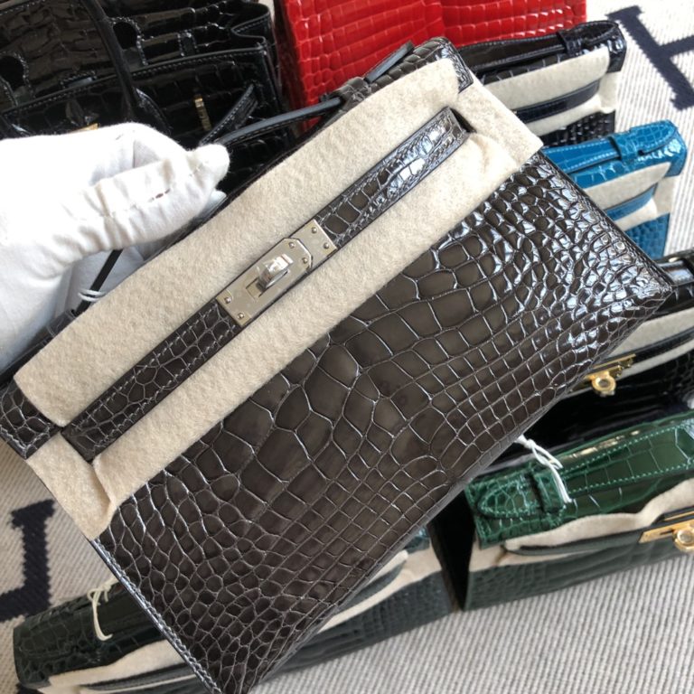 Hermes Shiny Crocodile CK88 Gris Graphite Minikelly Clutch Bag Silver Hardware