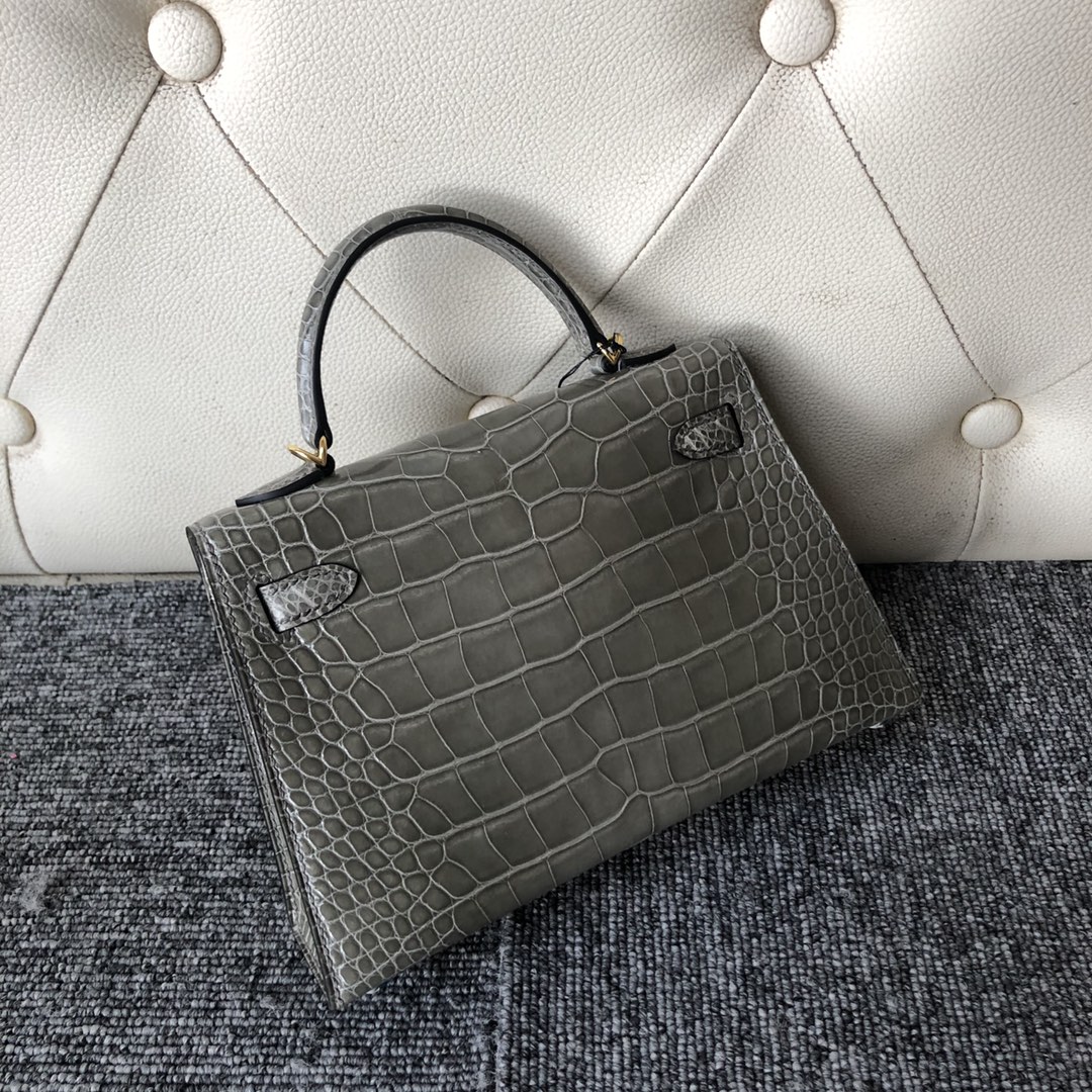 Fashion Hermes Shiny Crocodile Minikelly-2 Clutch Bag in CK81 Gris T Gold Hardware
