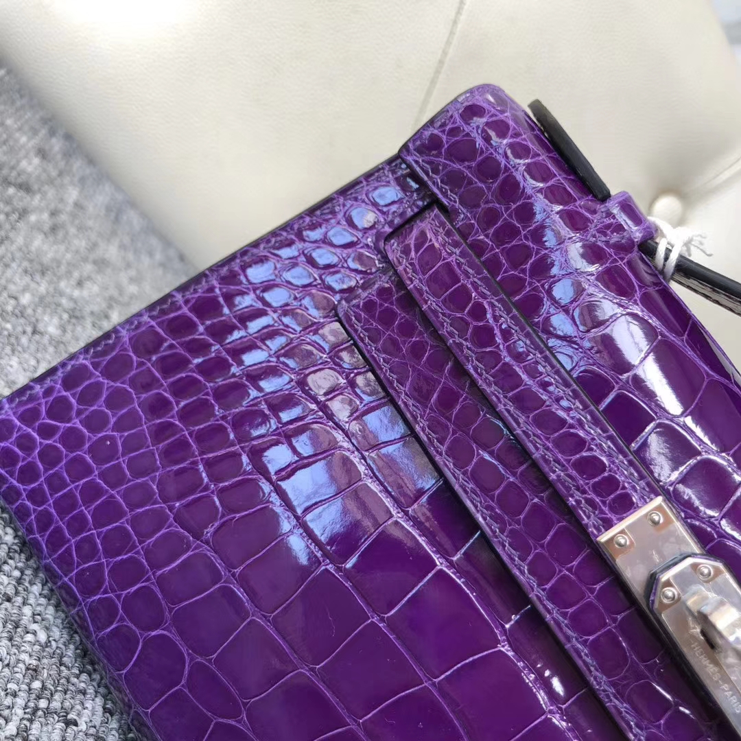 Stock Hermes Shiny Crocodile Minikelly22cm Clutch Bag Ultraviolet Silver Hardware