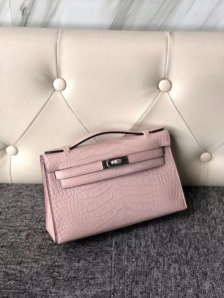 Hermes 3Q Pink Matte Crocodile Minikelly Clutch Bag 22cm Silver Hardware