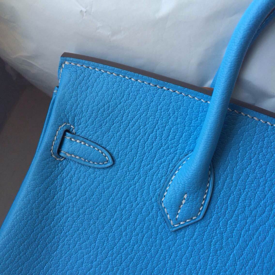 25cm Birkin Bag 7N Blue Paradise Color France Chevre Leather Silver Hardware