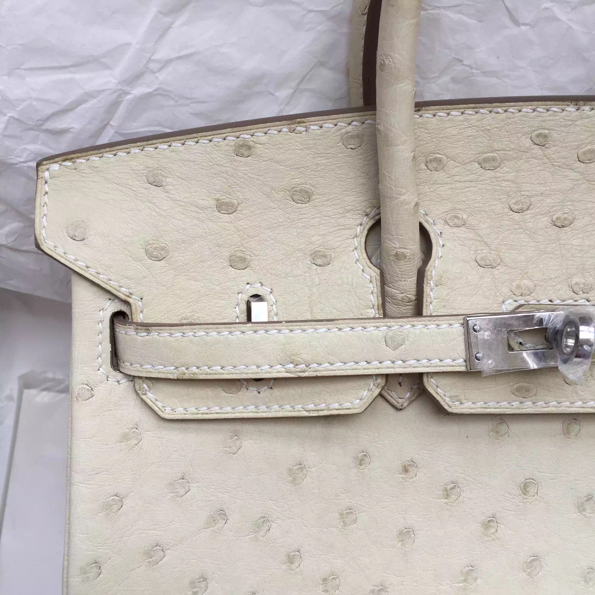 25CM Wool White Ostrich Leather Hermes Birkin Bag Silver Hardware Online