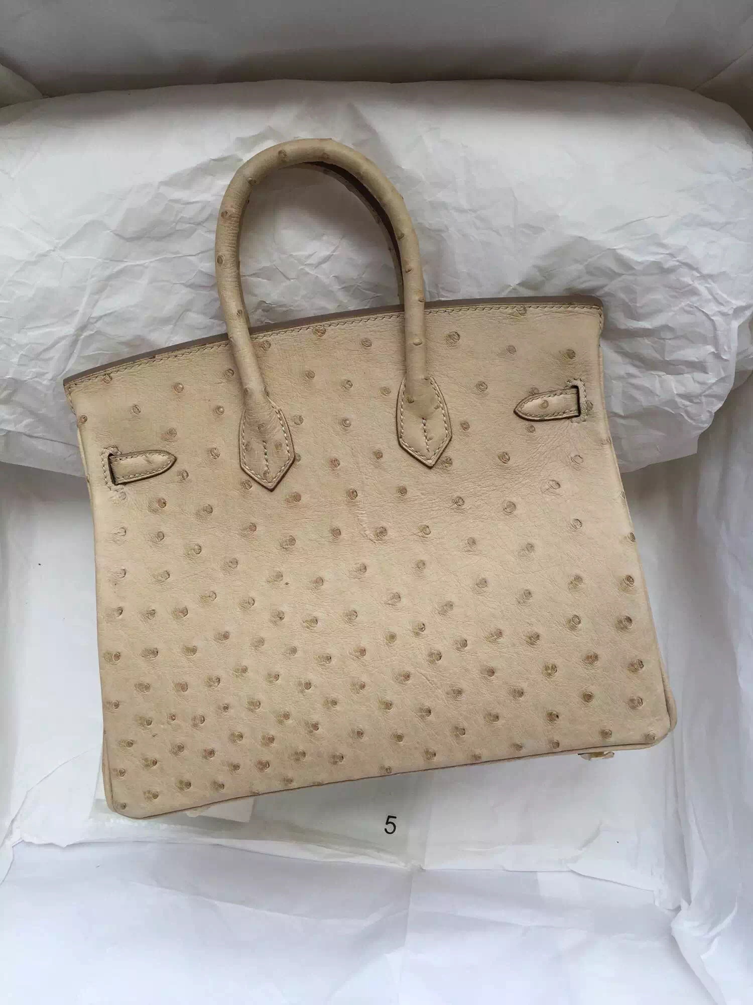 Sale 1F Beige Color Ostrich Leather Hermes Birkin Bag 25CM Women&#8217;s Handbag