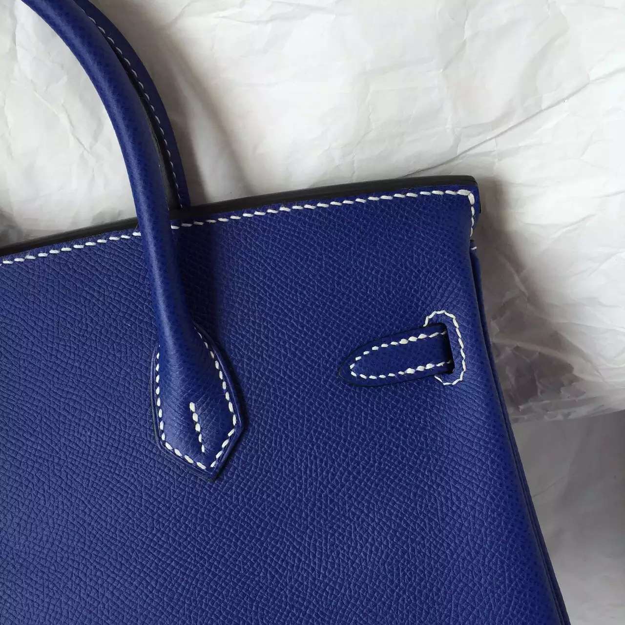 Fashion Hermes Birkin 25CM 7T Blue Electric Epsom Leather with White Stitching Line