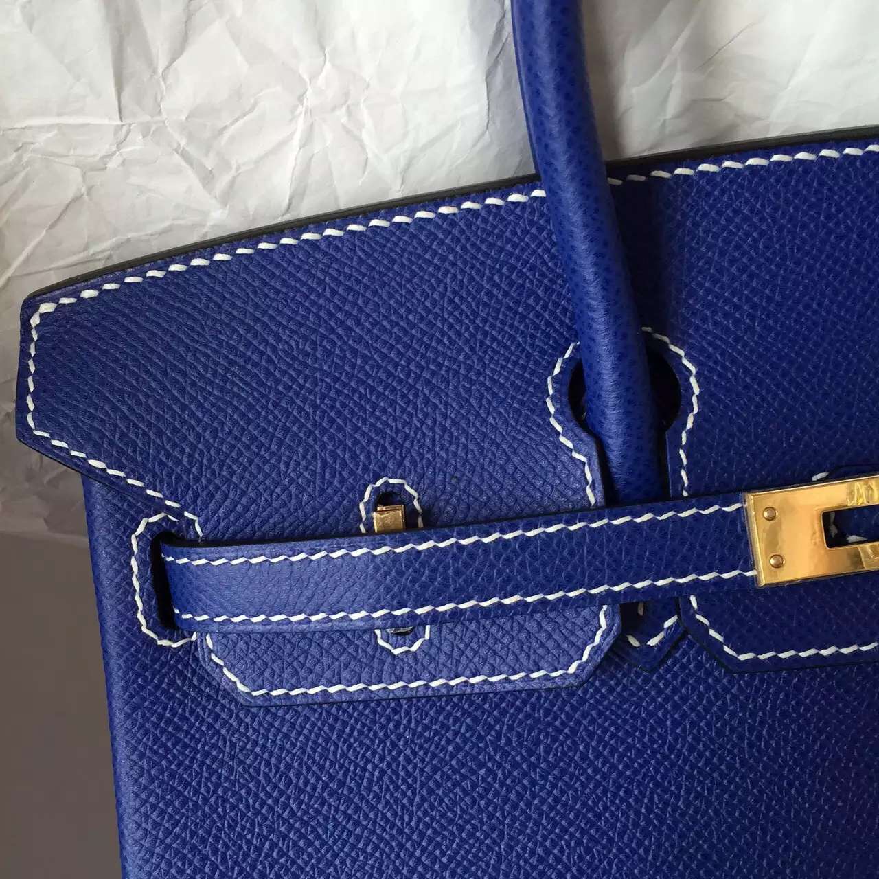 Fashion Hermes Birkin 25CM 7T Blue Electric Epsom Leather with White Stitching Line