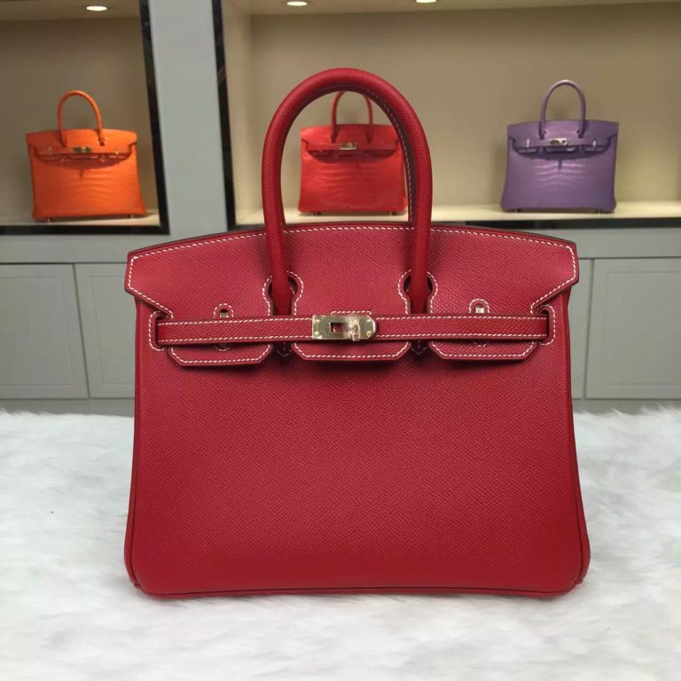 25CM Hermes Birkin Bag Epsom Calfskin Leather Q5 Chinese Red Gold/Silver Hardware