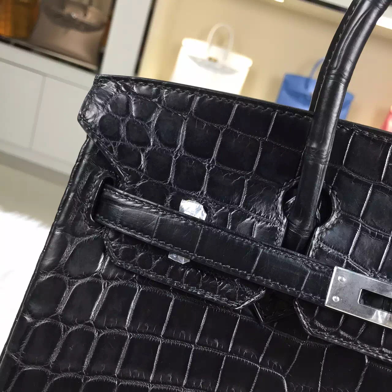 Wholesale Hermes Birkin 25CM Black Crocodile Skin Women&#8217;s Tote Bag Silver Hardware