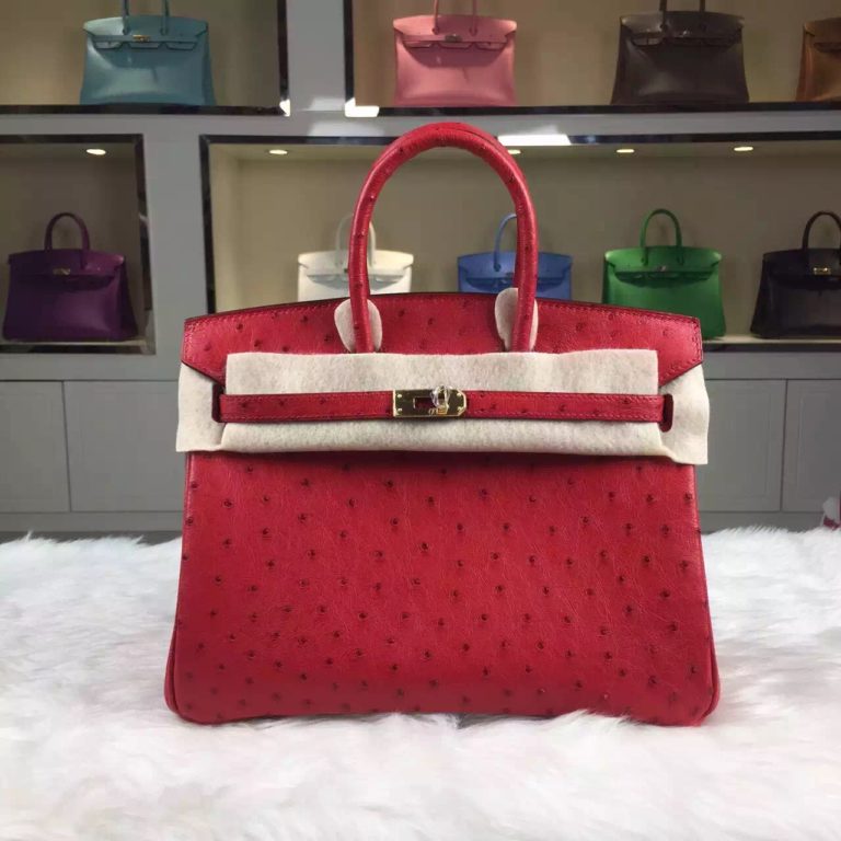 Hand Stitching Hermes Red Ostrich Leather Birkin Bag  25CM Womens Tote Bag