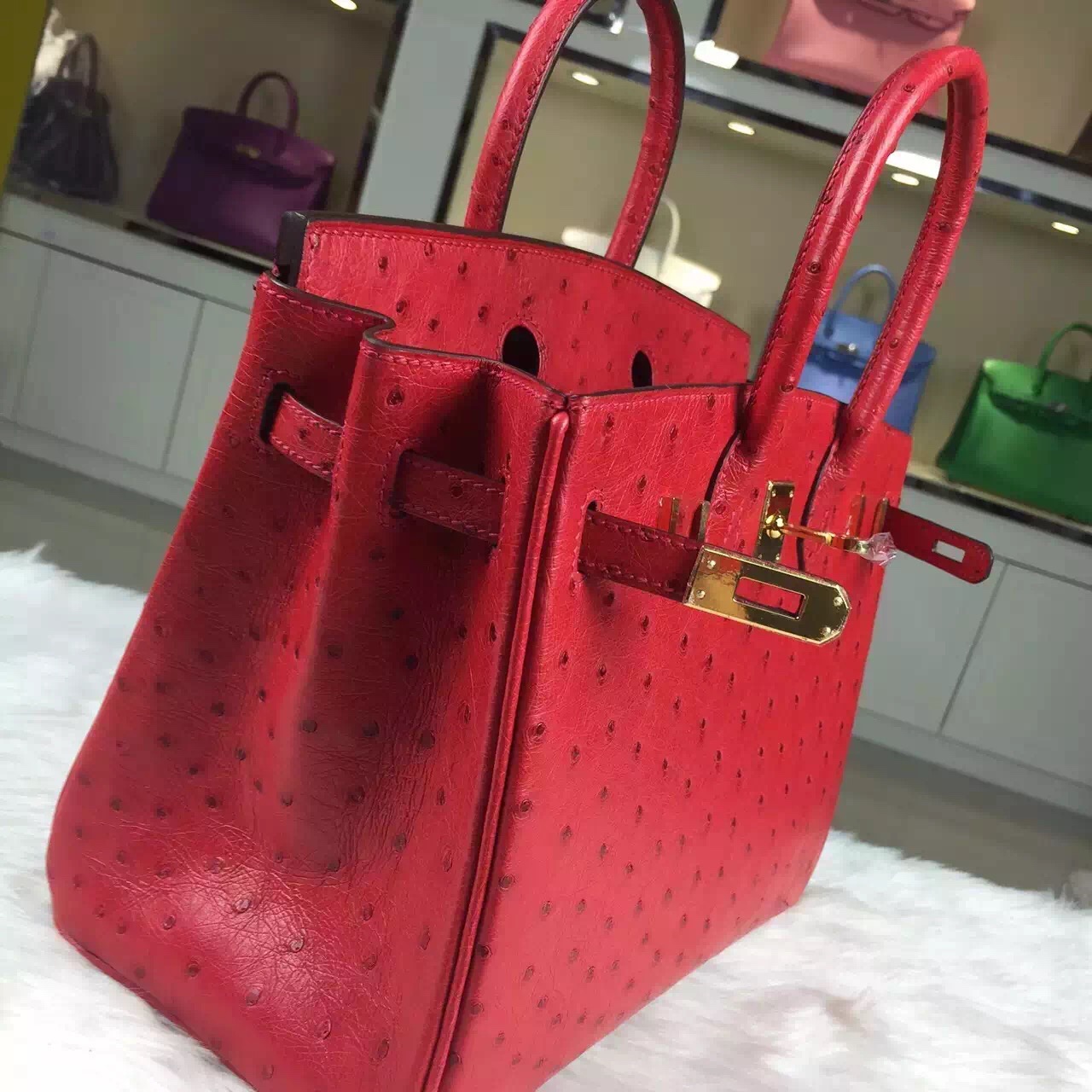 Hand Stitching Hermes Red Ostrich Leather Birkin Bag 25CM Luxury Women&#8217;s Tote Bag