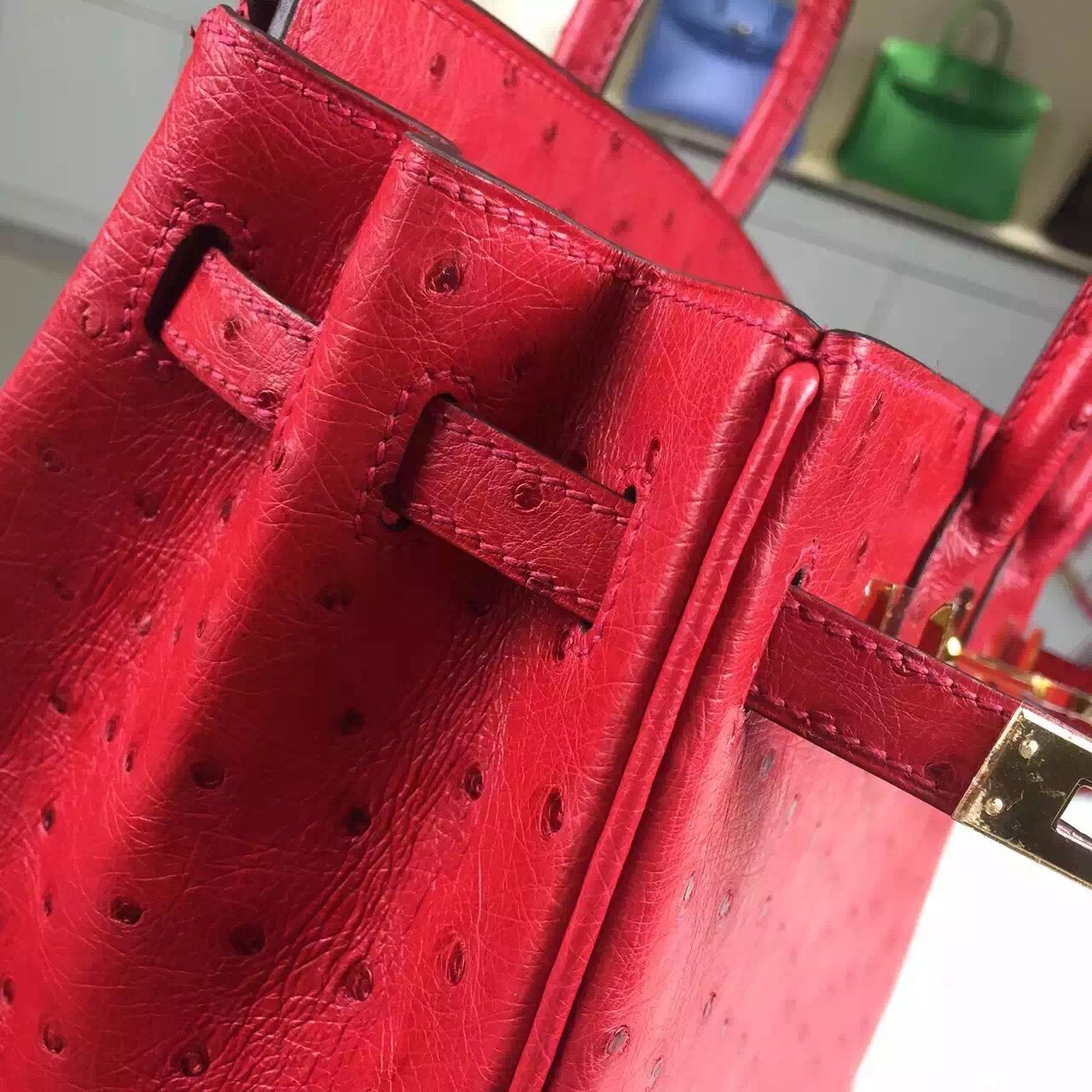Hand Stitching Hermes Red Ostrich Leather Birkin Bag 25CM Luxury Women&#8217;s Tote Bag