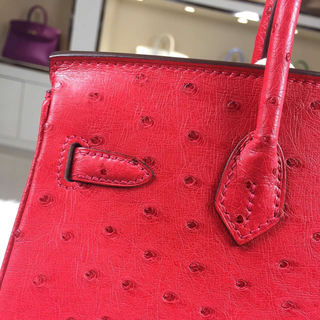 Hand Stitching Hermes Red Ostrich Leather Birkin Bag 25CM Luxury Women&#8217;s Tote Bag