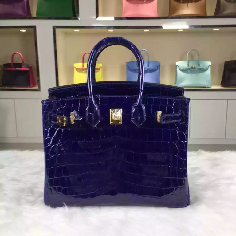 Hermes 7T Blue Electric Crocodile Shiny Skin Birkin Bag 25CM Ladies Tote Bag