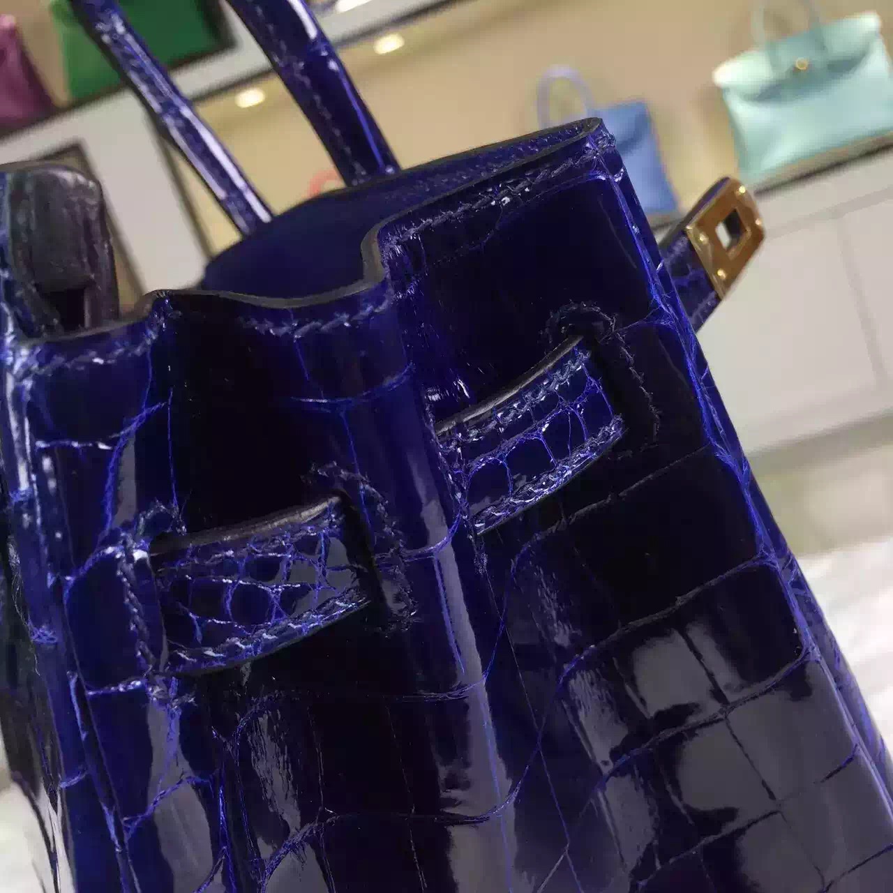 Hot Sale Hermes 7T Blue Electric Crocodile Shiny Skin Birkin Bag25CM Ladies&#8217; Tote Bag