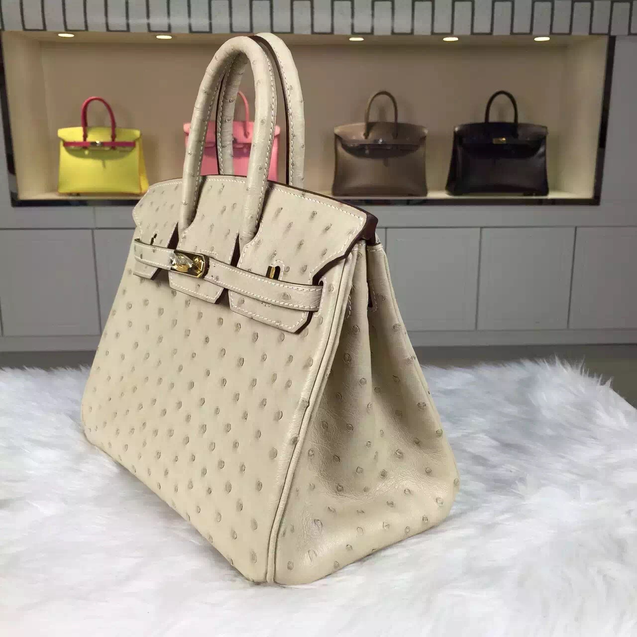 Hot Sale Hermes Original Ostrich Leather Birkin Bag 25cm in 3C Wool White