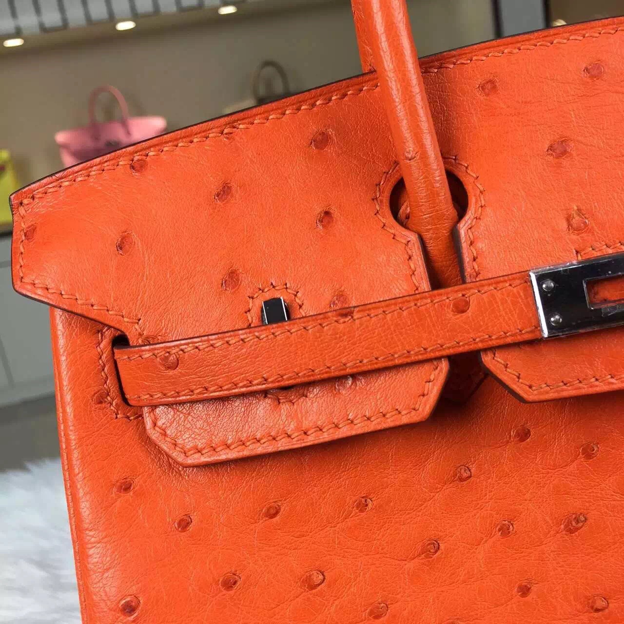 High Quality Hermes Orange HCP Original Ostrich Leather Birkin Bag 25cm Silver Hardware
