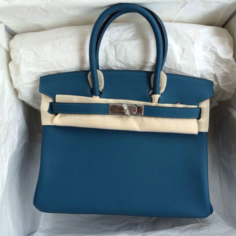 Hermes Birkin Bag  30cm S7 Blue De Galice France Togo Leather Silver Hardware