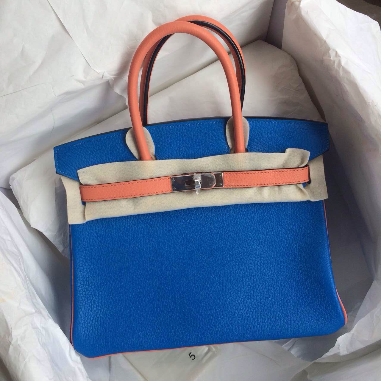 Hermes Birkin Bag Wholesale T7 Blue Hydra/3L Rose Tea Togo Leather 30cm