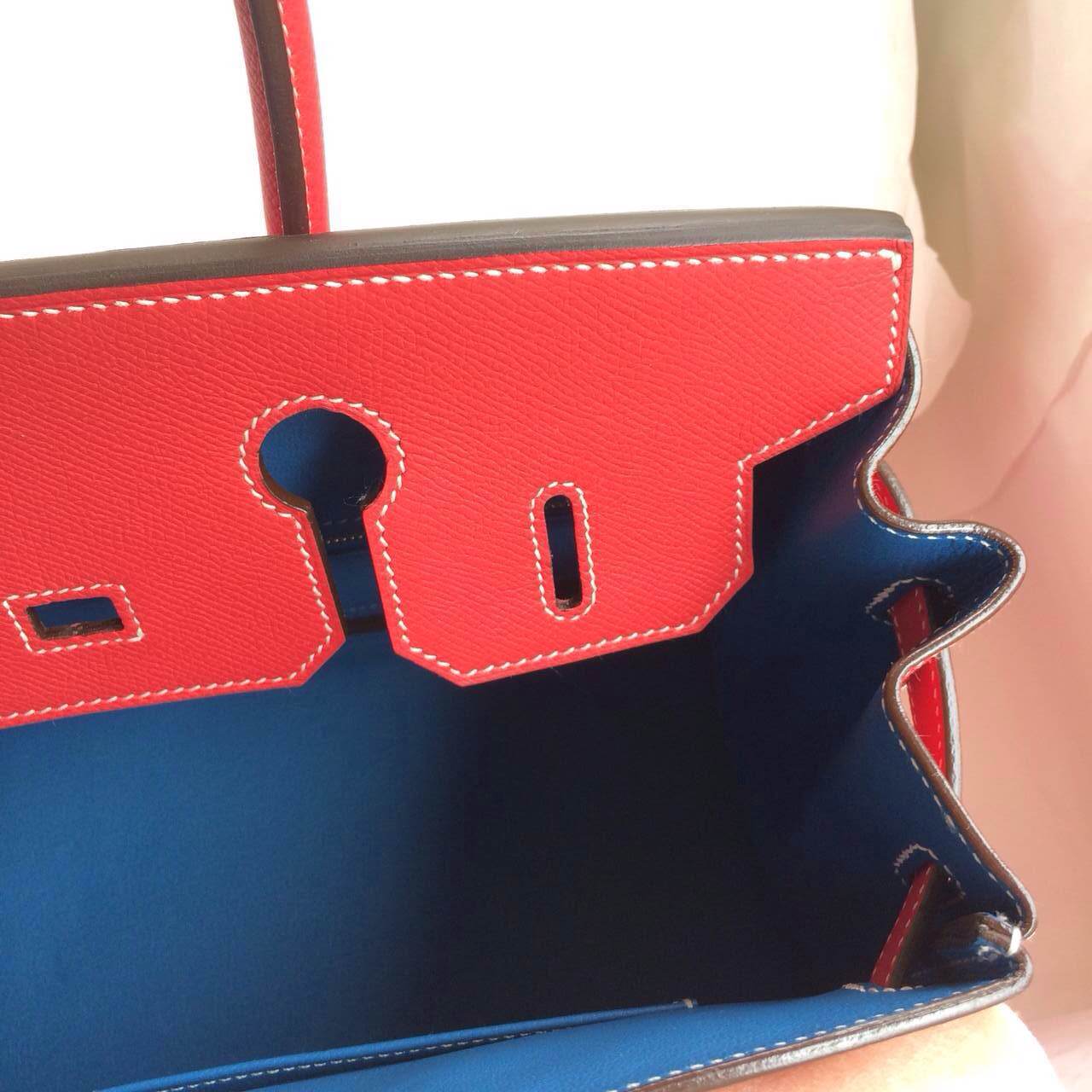 Q5 Candy Red/inner 7Q Cribe Blue France Epsom Leather Birkin Bag Gold Hardware