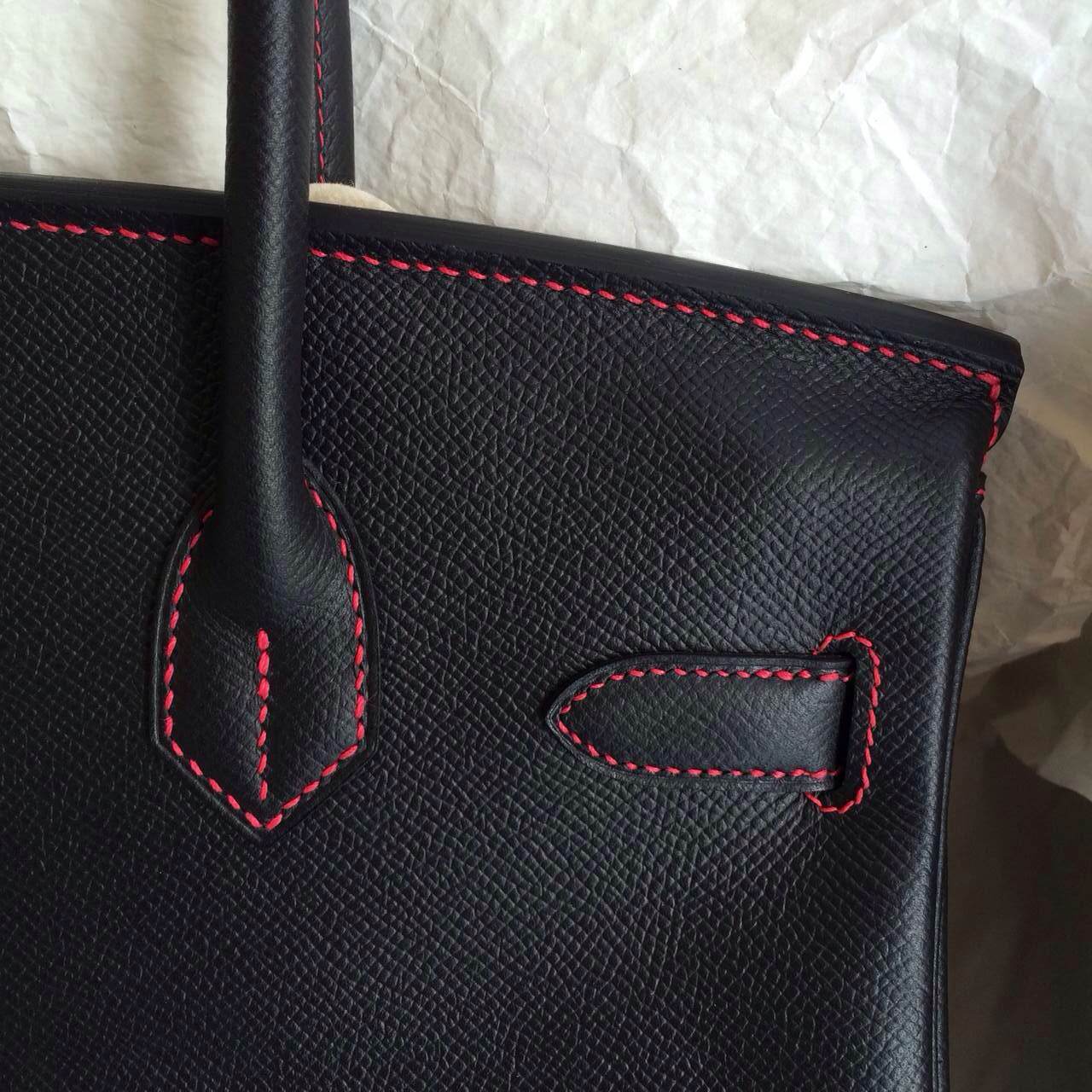 Black/E5 Rose Tyrien inner Epsom Leather Hermes Birkin Bag 30cm