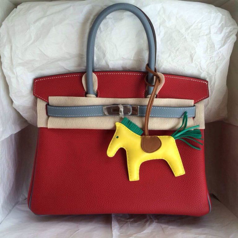 Hermes Birkin Bag  30cm Q5 Candy Red/J7 Blue Lin France Togo Leather