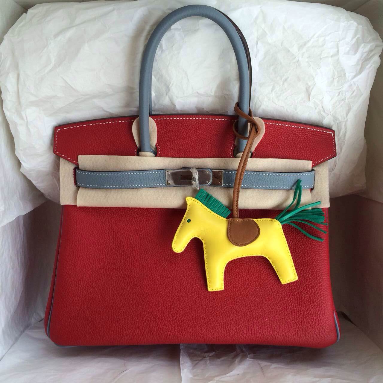 Fashion Hermes Birkin Bag 30cm Q5 Candy Red/J7 Blue Lin France Togo Leather