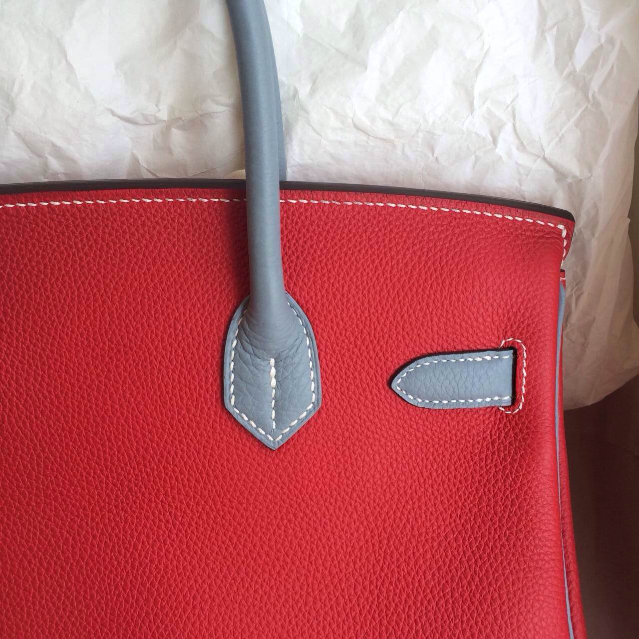 Fashion Hermes Birkin Bag 30cm Q5 Candy Red/J7 Blue Lin France Togo Leather