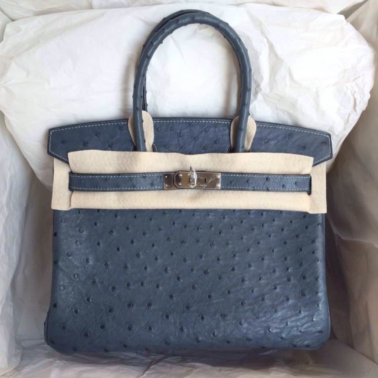 Hand Stitching Hermes Birkin Bag 7Y Blue Orage Ostrich Leather