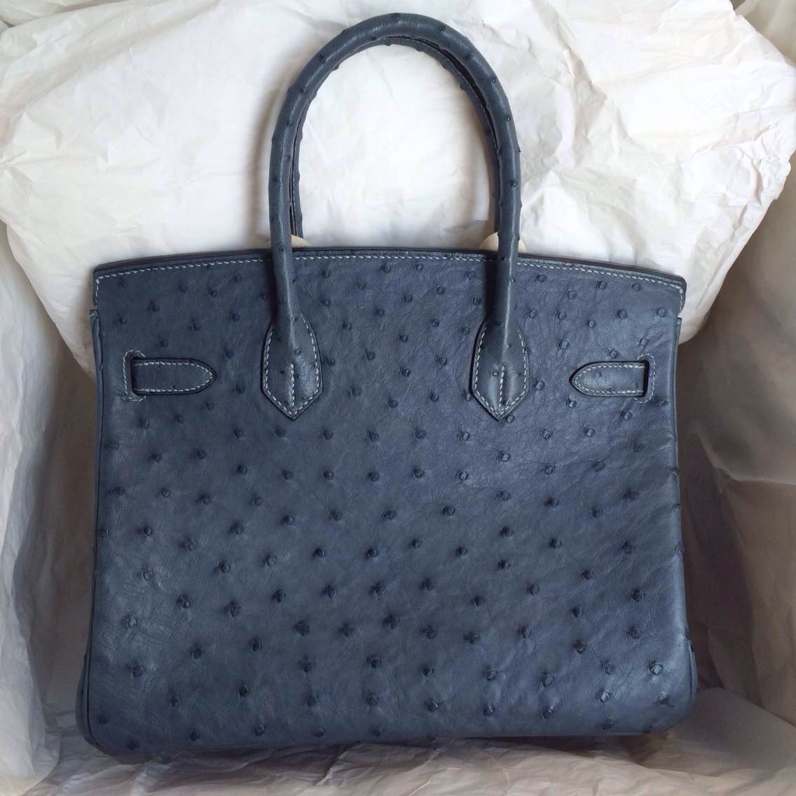 Wholesale Hand Stitching Hermes Birkin Bag 7Y Blue Orage Ostrich Leather