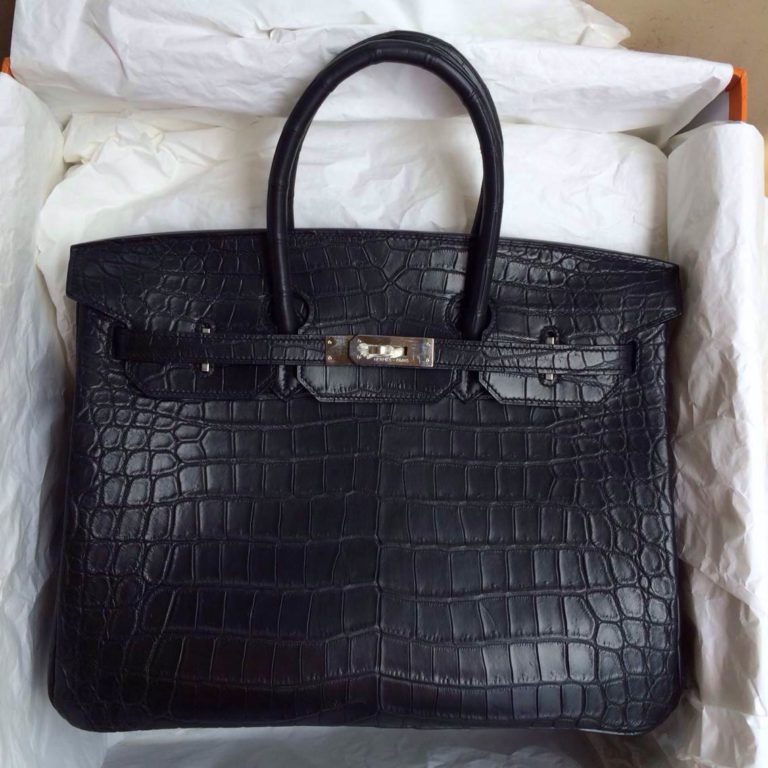 35cm Hermes Birkin Bag Black Matt Porosus Crocodile Skin Silver Hardware