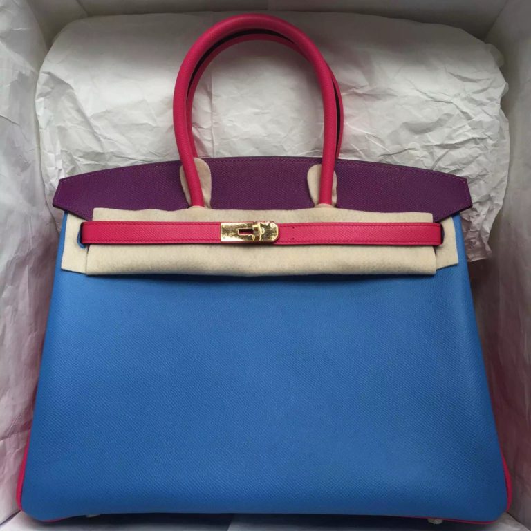 Hermes Birkin 35cm 2T Blue Paradise/P9 Anemone/E5 Candy Pink Epsom Leather Tote Bag