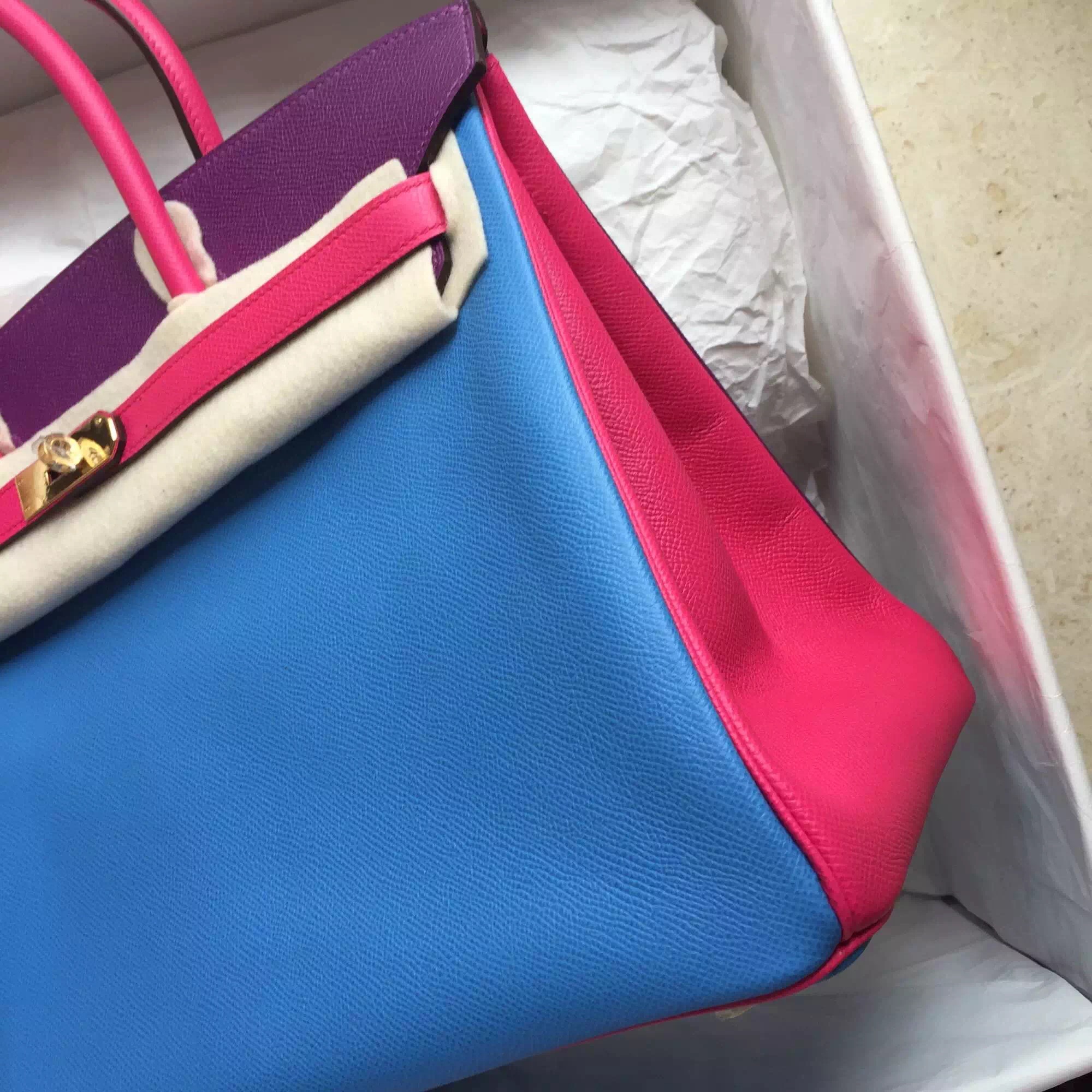 Hermes Birkin35cm 2T Blue Paradise/P9 Anemone/E5 Candy Pink Epsom Leather Tote Bag