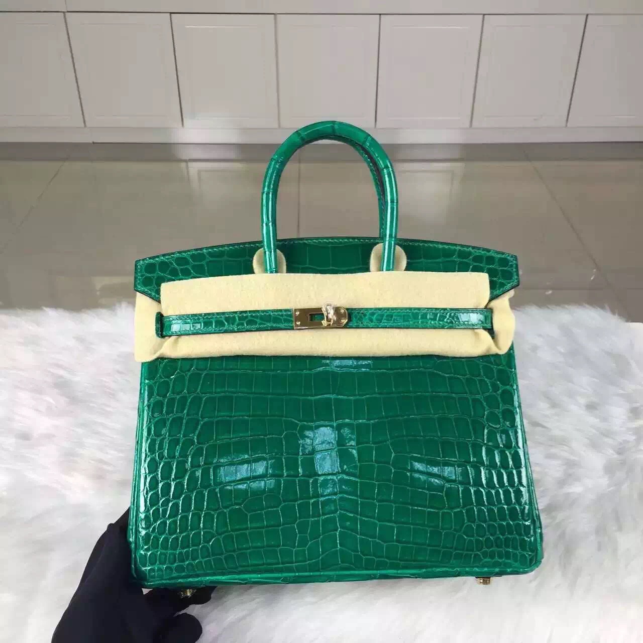 Wholesale Hermes Birkin Bag25cm Emerald Green HCP Crocodile Leather Women&#8217;s Tote Bag