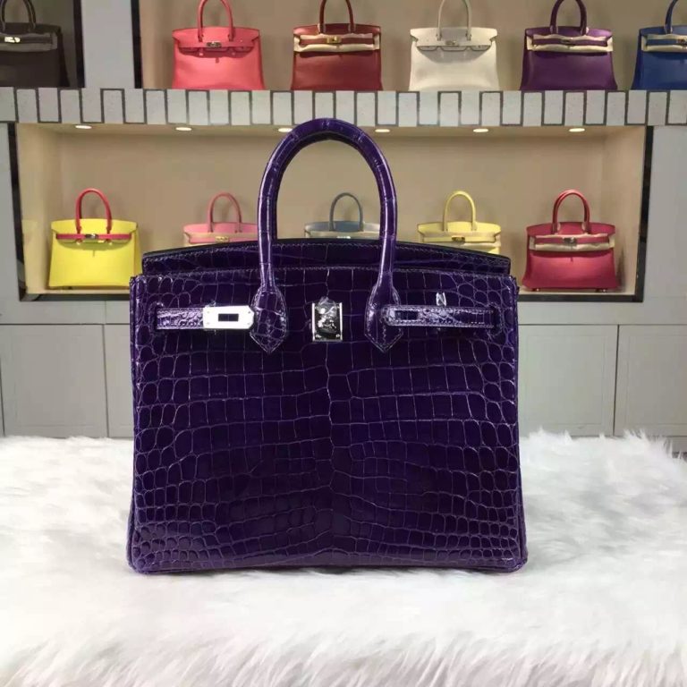 Ladies Handbag Hermes 9G Violet HCP Crocodile Shiny Leather Birkin 25CM