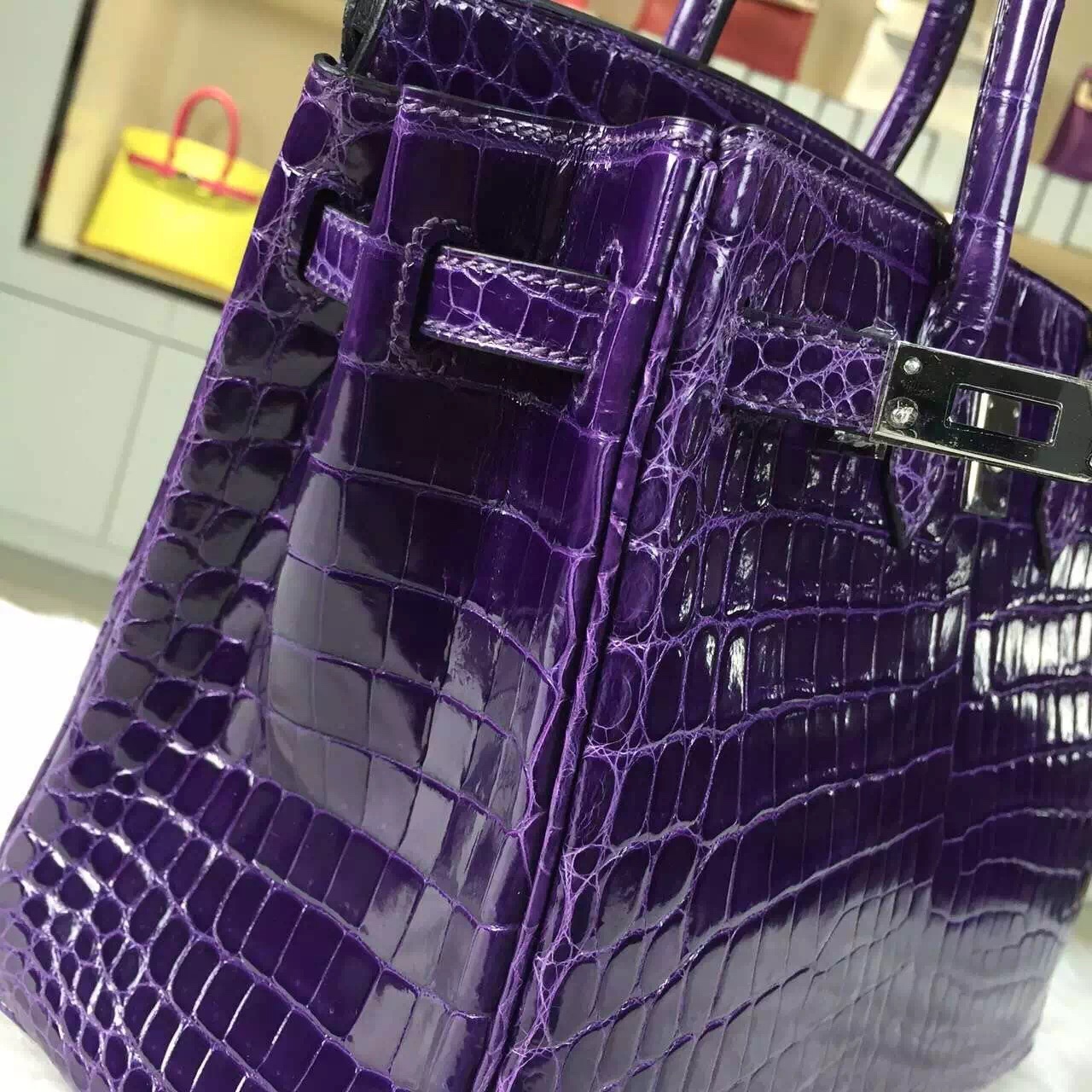 Luxury Ladies&#8217; Handbag Hermes 9G Violet HCP Crocodile Shiny Leather Birkin25CM