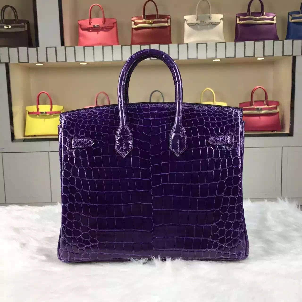 Luxury Ladies&#8217; Handbag Hermes 9G Violet HCP Crocodile Shiny Leather Birkin25CM