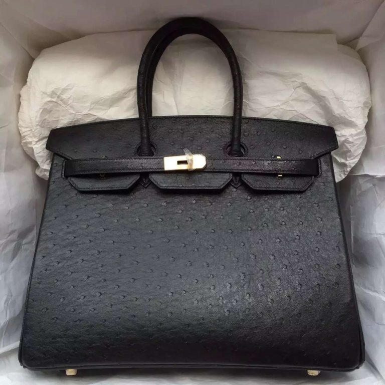 Online Store Hermes Black Ostrich Leather Birkin Bag  35CM Gold Hardware