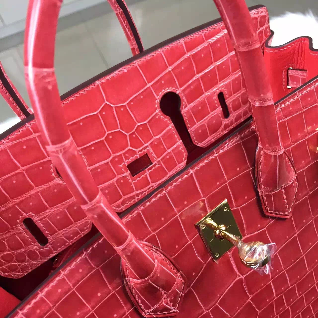 Customised Hermes 5L Prawn Pink Crocodile Shiny Leather Birkin Bag25cm Gold Hardware