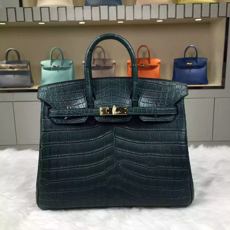 Womens Bag Hermes 1T Vert Tipien Crocodile Matt Leather Birkin 25