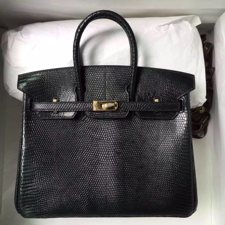 Hermes Lizard Leather Birkin 25 in CK89 Black