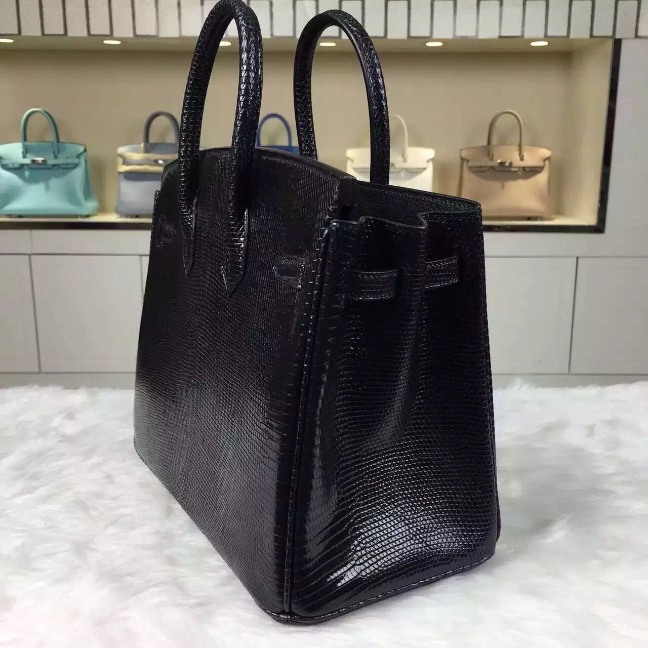 Discount Hermes CK89 Black Lizard Skin Leather Birkin Bag25cm